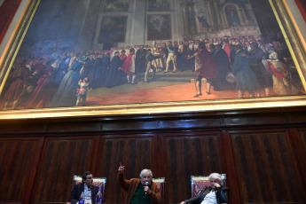 Buenos Aires, Argentina.- In the photos taken on May 15, 2023, the former president of Uruguay, José "Pepe" Mujica (center), during an act in Buenos Aires. Followers of the pre-candidate for president Javier Milei, verbally attacked Mujica in the prelude to the exhibition that was scheduled for Sunday, May 14. "There was no moment in 200 or 300 thousand years of history in which human groups did not invent something magical to believe in, which later became a fan of it," Mujica said after the episode.