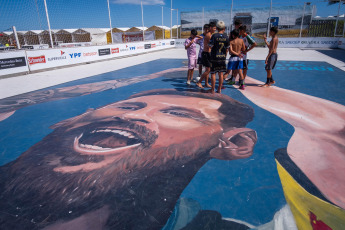 Mar del Plata, Argentina.- In the photos taken on January 15, 2024, the Lionel Messi mural painted by two artists from the city of Mar del Plata is shown. The mural, almost 100 square meters on the cement floor of a football field, in a resort in Punta Mogotes, pays tribute to Lionel Messi a year after commanding the Argentine team that became world champion in Qatar.