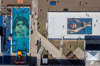 Mar del Plata, Argentina.- In the photos taken on January 15, 2024, the Lionel Messi mural painted by two artists from the city of Mar del Plata is shown. The mural, almost 100 square meters on the cement floor of a football field, in a resort in Punta Mogotes, pays tribute to Lionel Messi a year after commanding the Argentine team that became world champion in Qatar.