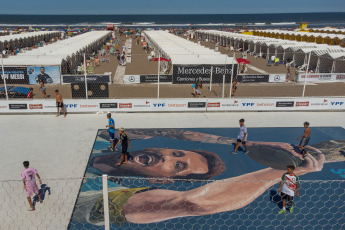 Mar del Plata, Argentina.- In the photos taken on January 15, 2024, the Lionel Messi mural painted by two artists from the city of Mar del Plata is shown. The mural, almost 100 square meters on the cement floor of a football field, in a resort in Punta Mogotes, pays tribute to Lionel Messi a year after commanding the Argentine team that became world champion in Qatar.